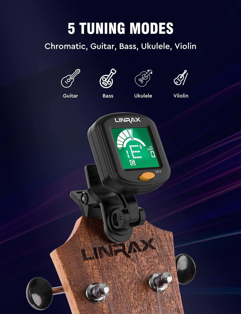 LINRAX LT-1 Guitar Tuner, Clip On Tuner for Guitar Bass Ukulele Violin Viola Banjo Mandolin, Chromatic Tuner with 360° LCD Display, Digital Tuner for Stringed Instruments, Guitar Accessories, Black - Image 2